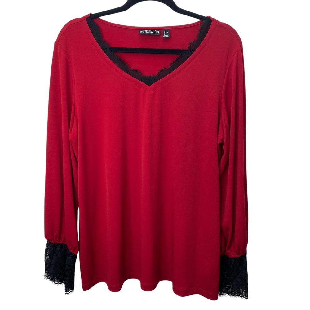 Susan‎ Graver Occasions Top Womens L Red Black Lace Trim Long Sleeve Pullover